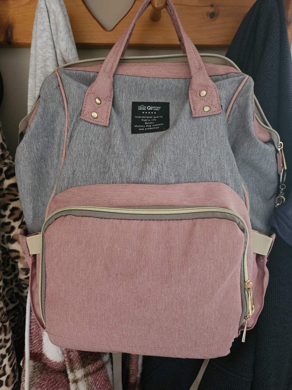 Qimiao Baby Multifunction Travel Diaper Backpack - Pink & Grey